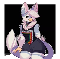 Size: 1531x1514 | Tagged: safe, artist:tanookiluna, oc, oc only, bird, anthro, 2021, beak, bottomwear, chest fluff, clothes, collar, digital art, ears, eyelashes, female, fluff, fur, hair, looking at you, shirt, shorts, simple background, solo, solo female, tail, thighs, topwear, wide hips
