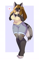 Size: 1340x2048 | Tagged: safe, artist:tanookiluna, oc, oc only, feline, mammal, anthro, digitigrade anthro, 2021, blep, blushing, bottomwear, breasts, clothes, commission, digital art, ears, eyelashes, female, fur, hair, heart, one eye closed, shirt, shorts, simple background, solo, solo female, tail, thighs, tongue, tongue out, topwear, wide hips