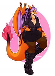 Size: 1426x1956 | Tagged: safe, artist:tanookiluna, oc, oc only, charizard, fictional species, anthro, nintendo, pokémon, 2021, blep, boots, bottomwear, breasts, clothes, commission, digital art, ears, eyelashes, female, hair, looking at you, open mouth, scales, shirt, shoes, simple background, skirt, solo, solo female, starter pokémon, tail, thighs, tongue, tongue out, topwear, wide hips, wings