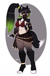 Size: 1307x1963 | Tagged: safe, artist:tanookiluna, oc, oc only, canine, dog, mammal, anthro, digitigrade anthro, 2021, bikini, black nose, blushing, breasts, clothes, commission, digital art, ears, eyelashes, female, fur, hair, looking at you, sarong, simple background, solo, solo female, swimsuit, tail, thighs, wide hips