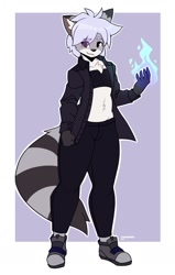 Size: 1155x1813 | Tagged: safe, artist:tanookiluna, oc, oc only, mammal, procyonid, raccoon, anthro, 2021, belly button, black nose, bottomwear, clothes, commission, digital art, ears, eyelashes, fur, hair, jacket, looking at you, male, pants, shirt, shoes, simple background, solo, solo male, tail, thighs, topwear