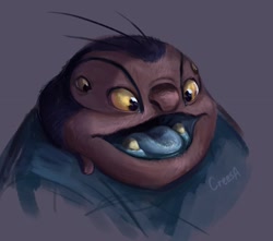 Size: 1894x1678 | Tagged: safe, artist:creesa, jumba jookiba (lilo & stitch), alien, fictional species, kweltikwan, anthro, disney, lilo & stitch, 2021, 4 eyes, blue mouth, blue tongue, colored sclera, colored tongue, male, purple body, signature, simple background, solo, solo male, tongue, yellow sclera
