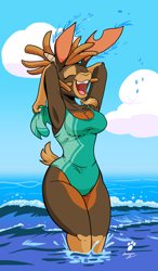 Size: 1178x2011 | Tagged: safe, artist:duragan, shanty (tfh), bovid, goat, mammal, anthro, them's fightin' herds, 2021, armpits, arms behind head, beach, breasts, clothes, cloud, digital art, ears, eyelashes, female, fur, hair, horn, ocean, one-piece swimsuit, open mouth, sky, solo, solo female, swimsuit, tail, thighs, tongue, water, wide hips