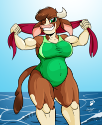 Size: 1591x1942 | Tagged: safe, artist:duragan, arizona cow (tfh), bovid, cattle, cow, mammal, anthro, them's fightin' herds, 2021, armpits, beach, big breasts, breasts, clothes, cloud, digital art, ears, eyelashes, female, floppy ears, fur, hair, horns, looking at you, ocean, one eye closed, one-piece swimsuit, sky, slightly chubby, smiling, smiling at you, solo, solo female, swimsuit, tail, thighs, tongue, towel, water, wide hips