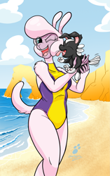 Size: 1199x1914 | Tagged: safe, artist:duragan, pom lamb (tfh), bovid, canine, caprine, dog, lamb, mammal, sheep, anthro, feral, them's fightin' herds, 2021, armpits, beach, breasts, clothes, cloud, digital art, ears, eyelashes, eyes closed, female, fur, hair, holding, licking, ocean, one eye closed, one-piece swimsuit, open mouth, puppy, sand, sky, swimsuit, tail, tail wag, thighs, tongue, tongue out, ungulate, water, wide hips, young