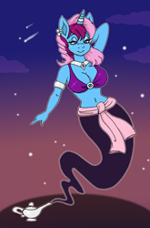 Size: 658x1000 | Tagged: safe, artist:vampiralady, oc, oc only, oc:parcly taxel, equine, fictional species, genie, genie pony, mammal, pony, unicorn, anthro, hasbro, my little pony, anthrofied, arm behind head, bra, bracelet, clothes, collar, commission, ear piercing, earring, female, floating, geniefied, horn ring, jewelry, lamp, lidded eyes, looking at you, magic lamp, midriff, piercing, ring, smiling, solo, solo female, underwear, waistband, ych result
