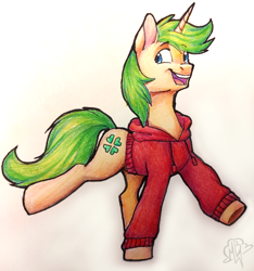 Size: 3405x3636 | Tagged: safe, artist:megabait, oc, oc only, oc:markov, equine, fictional species, mammal, pony, unicorn, feral, friendship is magic, hasbro, my little pony, 4chan, green hair, hair, happy, high res, painting, pencil, traditional