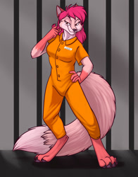 Size: 1006x1280 | Tagged: safe, artist:foxenawolf, oc, oc:fiona fetch, canine, fox, mammal, anthro, clothes, prison outfit, prisoner, smirk