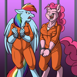 Size: 3300x3300 | Tagged: safe, artist:foxenawolf, pinkie pie (mlp), rainbow dash (mlp), anthro, friendship is magic, hasbro, my little pony, anthrofied, clothes, cuffs, excited, frustrated, high res, prison outfit, prisoner, shirt, topwear, undershirt