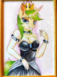 Size: 3472x4640 | Tagged: safe, artist:megabait, oc, oc:markov, equine, fictional species, mammal, pony, unicorn, anthro, friendship is magic, hasbro, my little pony, anthrofied, bowsette (mario), clothes, cosplay, crossover, crown, green hair, hair, jewelry, magical artifact, painting, pencil, regalia, rule 63, super crown, traditional