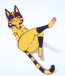 Size: 1800x2124 | Tagged: suggestive, artist:scorpdk, ankha (animal crossing), cat, feline, mammal, anthro, plantigrade anthro, animal crossing, nintendo, amber eyes, areola, armlet, breasts, female, gradient background, hair, looking at you, lying down, on back, partial nudity, paw pads, paws, ringtail, short hair, solo, solo female, tail, topless