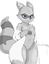 Size: 794x1033 | Tagged: dead source, safe, artist:darky03, coco (doctor lollipop), mammal, procyonid, raccoon, anthro, cartoon hangover, doctor lollipop, chest fluff, clothes, featureless crotch, female, fluff, looking at you, open clothes, solo, solo female, striped tail, stripes, tail, thick thighs, thighs