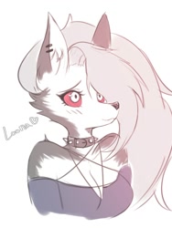 Size: 1500x2000 | Tagged: safe, artist:swetpot, loona (vivzmind), canine, fictional species, hellhound, mammal, anthro, hazbin hotel, helluva boss, 2021, black nose, blushing, breasts, bust, cleavage, clothes, collar, colored sclera, cute, ear fluff, ear piercing, earring, eyebrows, eyelashes, female, fluff, fur, gray body, gray fur, gray hair, hair, heart, long hair, love heart, multicolored fur, piercing, portrait, red sclera, simple background, smiling, solo, solo female, spiked collar, topwear, white background, white body, white eyes, white fur