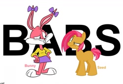 Size: 1280x879 | Tagged: safe, artist:mysteryfanboy91, babs bunny (tiny toon adventures), babs seed (mlp), equine, lagomorph, mammal, pony, rabbit, anthro, feral, plantigrade anthro, friendship is magic, hasbro, my little pony, tiny toon adventures, warner brothers, crossover, foal, young