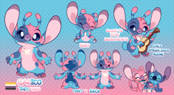 Size: 1455x800 | Tagged: safe, artist:angoraram, angel (lilo & stitch), stitch (lilo & stitch), oc, oc:calico (angoraram), alien, experiment (lilo & stitch), fictional species, disney, lilo & stitch, 4 fingers, 4 toes, antennae, antennae marking, back marking, blue body, blue eyes, blue fur, blue mouth, blue tongue, body markings, chest fluff, chest marking, claws, colored tongue, dipstick ears, dotted background, ears, english text, eyes closed, flag, fluff, fur, gradient background, group, happy, head fluff, head marking, heart, multicolored antennae, multicolored fur, nonbinary, nonbinary pride flag, occipital marking, open mouth, open smile, pink body, pink fur, pride flag, purple claws, reference sheet, short tail, signature, sitting, smiling, solo focus, standing, tail, text, tongue, torn ear, trio, ukulele