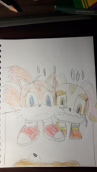 Size: 1280x2276 | Tagged: safe, artist:infinitydragon900, cream the rabbit (sonic), miles "tails" prower (sonic), canine, fictional species, fox, goomba (mario), lagomorph, mammal, monster, rabbit, red fox, ambiguous form, feral, semi-anthro, mario (series), sega, sonic the hedgehog (series), 2021, crossover, duo, ears, female, goombafied, irl, male, multiple tails, photo, photographed artwork, simple background, tail, traditional art, white background