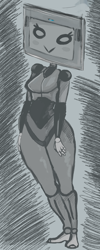 Size: 472x1177 | Tagged: safe, artist:n0n, animate machine, animate object, fictional species, humanoid, blush sticker, breasts, drawing tablet, female, grayscale, monochrome, smiling, solo, solo female