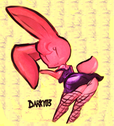 Size: 589x649 | Tagged: safe, artist:n0n, oc, oc only, oc:gelbun (darky03), fictional species, goo creature, lagomorph, mammal, rabbit, anthro, :3, bending over, breasts, clothes, dress, female, fishnet, fishnet stockings, goo, legwear, long ears, looking at you, looking back, looking back at you, off shoulder, panties, see-through, smiling, solo, solo female, stockings, tail, underwear