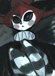 Size: 638x879 | Tagged: safe, artist:n0n, animate object, fictional species, humanoid, :<, clothes, female, frowning, jester, jester cap, legwear, puppet, sitting, solo, solo female, striped clothes, striped legwear, swirly eyes