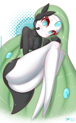 Size: 634x1025 | Tagged: safe, artist:rilexlenov, fictional species, legendary pokémon, meloetta, mythical pokémon, anthro, cc by-nc-sa, creative commons, nintendo, pokémon, 2020, abstract background, black outline, blushing, breasts, butt, cyan eyes, digital art, eyelashes, female, green hair, hair, long hair, looking at you, pose, smiling, smiling at you, solo, solo female, thighs, watermark, white skin, wide hips