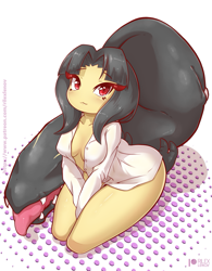 Size: 801x1025 | Tagged: suggestive, artist:rilexlenov, fictional species, mawile, anthro, digitigrade anthro, humanoid, cc by-nc-sa, creative commons, nintendo, pokémon, 2020, abstract background, black hair, black outline, blushing, breasts, clothes, digital art, eyelashes, female, hair, kneeling, looking at you, pose, red eyes, sharp teeth, shirt, simple background, solo, solo female, teeth, topwear, watermark