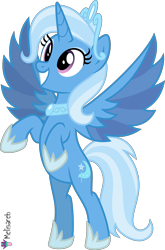 Size: 4000x6061 | Tagged: safe, artist:radomila radon, trixie (mlp), alicorn, equine, fictional species, mammal, pony, feral, friendship is magic, hasbro, idw, idw my little pony, my little pony, .svg available, 2021, absurd resolution, alicornified, bipedal, blue body, blue fur, crown, eyeshadow, feathered wings, feathers, female, fur, hoof shoes, horn, jewelry, makeup, mare, peytral, race swap, rearing, regalia, simple background, smiling, solo, solo female, tail, transparent background, vector, wings, xk-class end-of-the-world scenario