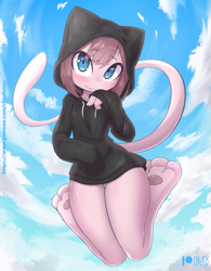 Size: 801x1025 | Tagged: safe, alternate version, artist:rilexlenov, fictional species, legendary pokémon, mew, mythical pokémon, anthro, digitigrade anthro, nintendo, pokémon, 2020, clothes, cloud, cute, digital art, ears, eyelashes, female, flying, fur, hair, hoodie, looking at you, paw pads, paws, sky, smiling, smiling at you, solo, solo female, topwear, underpaw