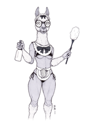 Size: 1099x1566 | Tagged: suggestive, artist:ecmajor, alpaca, mammal, anthro, 2021, belly button, bikini, bikini bottom, bikini top, black and white, bra, cleaning, clothes, ears, feather duster, female, french maid, fur, glasses, grayscale, maid outfit, monochrome, panties, pinup, ribbon, round glasses, sheared, simple background, solo, solo female, standing, swimsuit, thong, traditional art, underwear, white background, wool