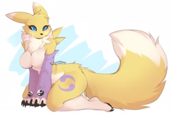 Size: 2060x1387 | Tagged: safe, artist:teranen, fictional species, renamon, anthro, digitigrade anthro, digimon, 2020, adorasexy, armwear, big breasts, big ears, black nose, black sclera, blue eyes, body markings, breasts, chest fluff, claws, cleavage, colored sclera, cute, doodle, ears, featureless breasts, female, fluff, fur, kneeling, long tail, multicolored fur, neck fluff, paws, sexy, shy, simple background, sitting, sketch, solo, solo female, tail, two toned body, two toned fur, watermark, white body, white fur, yellow body, yellow fur