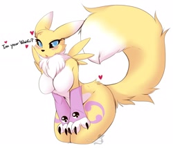 Size: 2240x1919 | Tagged: suggestive, artist:teranen, fictional species, renamon, anthro, digimon, armwear, big breasts, big ears, black nose, black sclera, blue eyes, blushing, body markings, breasts, chest fluff, claws, colored sclera, ears, featureless breasts, female, fluff, fur, heart, long tail, looking at you, love heart, multicolored fur, open mouth, paws, sexy, simple background, sketch, solo, solo female, tail, thick, two toned body, two toned fur, white background, white body, white fur, yellow body, yellow fur