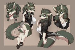 Size: 1200x805 | Tagged: safe, alternate version, artist:teranen, link (wolf form), link (zelda), canine, mammal, wolf, anthro, nintendo, the legend of zelda, the legend of zelda: twilight princess, 2021, border, bottomwear, breasts, chest fluff, clothes, ears, female, fluff, gesture, hoodie, paw pads, paws, peace sign, rule 63, short shorts, shorts, solo, solo female, tail, tongue, tongue out, topwear