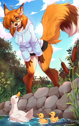 Size: 1100x1748 | Tagged: safe, artist:teranen, bird, canine, duck, fox, mammal, red fox, waterfowl, anthro, feral, clothes, ducks, female, fluff, group, hoodie, open mouth, tail, tail fluff, topwear, vixen, young