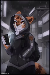 Size: 1200x1770 | Tagged: safe, artist:teranen, master tigress (kung fu panda), big cat, feline, mammal, tiger, anthro, dreamworks animation, kung fu panda, 2019, backpack, black nose, black stripes, bottomwear, cell phone, chest fluff, claws, clothes, colored pupils, colored sclera, ear fluff, eyebrows, eyelashes, female, fluff, fur, hoodie, multicolored fur, orange body, orange fur, outdoors, pants, phone, rain, red eyes, red pupils, smartphone, solo, solo female, striped fur, stripes, tail, tail fluff, tigress, topwear, white body, white fur, yellow sclera