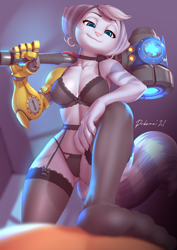 Size: 2894x4093 | Tagged: suggestive, alternate version, artist:pakwan008, rivet (r&c), fictional species, lombax, mammal, anthro, ratchet & clank, 2021, bedroom eyes, big breasts, blue eyes, blue pupils, bra, breasts, cleavage, clothes, colored pupils, ear piercing, earring, ears, eyebrows, eyelashes, female, hair, high res, indoors, legwear, lingerie, looking at you, low angle, panties, piercing, pink nose, pov, prosthetic arm, prosthetics, smiling, smiling at you, solo, solo female, submissive pov, tail, thigh highs, thighs, underwear, weapon
