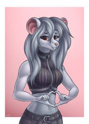 Size: 1000x1400 | Tagged: safe, artist:catd, oc, oc:qhik ashblood, oc:subject 34252, fictional species, mammal, rat, rodent, skaven, anthro, warhammer, warhammer fantasy, belt, clothes, cute, female, hair, heart, long hair, looking at you, murine, smiling, smiling at you, solo, solo female