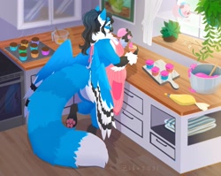 Size: 2048x1632 | Tagged: safe, artist:zibe_, bird, blue jay, canine, corvid, fictional species, fox, hybrid, jay, mammal, songbird, anthro, apron, beak, clothes, cooking, cupcake, feathered wings, feathers, food, glasses, kitchen, naked apron, nudity, partial nudity, tail, wings
