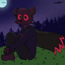 Size: 2500x2500 | Tagged: safe, artist:takumi, oc, oc only, oc:germit, bat, mammal, anthro, black eyes, cape, colored sclera, fluff, fur, gift art, head fluff, high res, male, moon, moonlight, solo, solo male