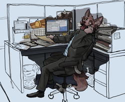 Size: 1981x1617 | Tagged: safe, artist:mawfulme, oc, oc only, canine, mammal, wolf, anthro, bottomwear, business suit, chair, clothes, computer, cubicle, folder, furgonomics, monitor, office, office chair, open mouth, paper, pen, phone, phone call, shoes, solo, swivel chair, topwear