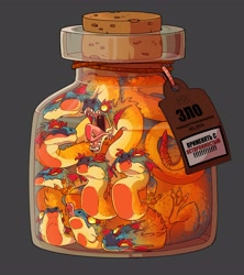 Size: 2480x2793 | Tagged: safe, artist:kogotsuchidark, dragon, fictional species, hydra, reptile, ambiguous gender, claws, cork, fangs, high res, jar, open mouth, orange body, price tag, russian text, sharp teeth, simple background, solo, solo ambiguous, squished, teeth, text, tongue, tongue out
