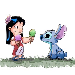 Size: 640x640 | Tagged: safe, artist:dax gordine, lilo pelekai (lilo & stitch), stitch (lilo & stitch), alien, experiment (lilo & stitch), fictional species, human, mammal, disney, lilo & stitch, 2014, ambiguous gender, back marking, black claws, black eyes, black hair, blue body, blue fur, blue nose, body markings, chest fluff, child, claws, clothes, dress, duo, ears, female, flower, flower in hair, fluff, food, fur, hair, hair accessory, head fluff, ice cream, ice cream cone, long hair, muumuu, offering, plant, sandals, shoes, short tail, simple background, standing, tail, torn ear, white background, young