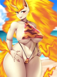 Size: 980x1319 | Tagged: suggestive, artist:mleonheart, fictional species, mammal, rapidash, anthro, nintendo, pokémon, 2021, beach, bedroom eyes, belly button, big breasts, bikini, blushing, breasts, cameltoe, clothes, cloud, digital art, ears, female, fur, hair, hand on hip, looking at you, ocean, open mouth, sand, sky, solo, solo female, swimsuit, tail, thighs, tongue, tongue out, water, wide hips