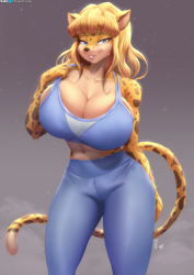 Size: 1270x1796 | Tagged: safe, artist:viejillox, oc, oc only, oc:lana, cheetah, feline, mammal, anthro, 2021, belly button, blonde hair, blue eyes, bottomwear, breasts, cleavage, clothes, commission, cream body, cream fur, ear fluff, eyebrows, eyelashes, female, fluff, fur, hair, huge breasts, long hair, looking at you, multicolored fur, pants, shoulder fluff, smiling, smiling at you, solo, solo female, spots, spotted fur, tail, tail fluff, tank top, thick thighs, thighs, topwear, yellow body, yellow fur