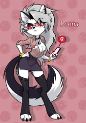 Size: 563x800 | Tagged: safe, artist:centinel303, loona (vivzmind), canine, fictional species, hellhound, mammal, anthro, digitigrade anthro, hazbin hotel, helluva boss, 2021, badge, black nose, bottomwear, bracelet, breasts, cell phone, chest fluff, claws, clothes, collar, colored sclera, ear fluff, ear piercing, earring, ears, eye through hair, eyebrow piercing, eyebrow through hair, eyebrows, eyelashes, eyeshadow, female, fluff, fur, glasses, gray body, gray fur, gray hair, hair, hand on hip, jewelry, legwear, long hair, makeup, multicolored fur, necklace, paws, phone, piercing, red sclera, skirt, smartphone, solo, solo female, speech bubble, spiked collar, tail, tail fluff, thigh highs, thighs, toeless legwear, topwear, torn ear, white body, white eyes, white fur