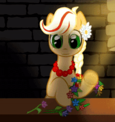 Size: 275x293 | Tagged: safe, artist:ailish, oc, oc only, oc:poppy seed (mec), equine, mammal, pony, feral, hasbro, my little pony, youtube, 2d, 2d animation, animated, braid, cute, female, flower, flower in hair, gif, hair, hair accessory, low res, mare, mascot, middle equestrian convention, ocbetes, plant, poland, silly, solo, solo female, tongue, tongue out, youtube link