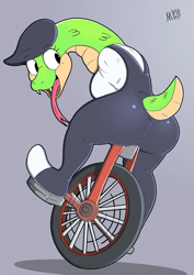 Size: 1360x1920 | Tagged: safe, artist:meatboom, oc, oc only, oc:lucy swallows, reptile, snake, anthro, plantigrade anthro, 2021, armless, butt, clothes, fanart, female, forked tongue, gray background, green scales, hat, looking back, missing limbs, scales, signature, simple background, solo, solo female, tongue, unicycle