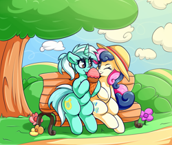 Size: 3000x2520 | Tagged: safe, artist:graphene, bon bon (mlp), lyra heartstrings (mlp), earth pony, equine, fictional species, mammal, pony, unicorn, feral, friendship is magic, hasbro, my little pony, 2017, bench, clothes, cloud, commission, cute, duo, duo female, eating, female, female/female, females only, feral/feral, floppy ears, flower, food, grass, hat, high res, horn, ice cream, ice cream cone, licking, looking at each other, lyrabon (mlp), mare, meme, one eye closed, plant, shipping, sitting, smiling, sun hat, tongue, tongue out, tree, winking