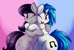 Size: 2500x1710 | Tagged: safe, artist:graphene, octavia melody (mlp), vinyl scratch (mlp), earth pony, equine, fictional species, mammal, pony, unicorn, feral, friendship is magic, hasbro, my little pony, 2017, cute, female, female/female, high res, horn, hug, mare, missing accessory, one eye closed, scratchtavia (mlp), shipping, smiling, solo, solo female, tail, tongue, tongue out, winking, wrong eye color