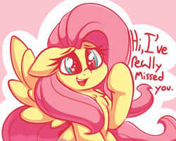 Size: 1720x1378 | Tagged: safe, artist:graphene, fluttershy (mlp), equine, fictional species, mammal, pegasus, pony, feral, friendship is magic, hasbro, my little pony, 2017, cute, dialogue, eyelashes, feathered wings, feathers, female, fur, hair, looking at you, mane, mare, open mouth, pink hair, pink mane, pink tail, smiling, solo, solo female, tail, talking, text, wings, yellow body, yellow fur