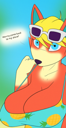 Size: 727x1400 | Tagged: suggestive, alternate version, artist:creatiffy, audie (animal crossing), canine, mammal, wolf, anthro, animal crossing, animal crossing: new horizons, nintendo, 2020, beach, bedroom eyes, big breasts, black nose, breasts, clothes, dialogue, digital art, ears, eyelashes, female, fur, glasses, glasses on head, hair, looking at you, sky, solo, solo female, sunglasses, sunglasses on head, talking, talking to viewer, text