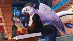 Size: 1280x720 | Tagged: safe, artist:discordthege, oc, oc only, bird, canine, feline, fictional species, gryphon, mammal, wolf, anthro, 2021, beak, beanie, black nose, bottomwear, breasts, clothes, commission, detailed background, digital art, duo, ears, eyelashes, female, hair, jacket, male, male/female, pants, shirt, spread wings, tail, thighs, topwear, wide hips, wings